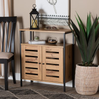 Baxton Studio MP007-Wotan Oak-Shoe Cabinet Vander Modern and Contemporary Oak Brown Finished Wood and Black Metal 2-Door Shoe Cabinets